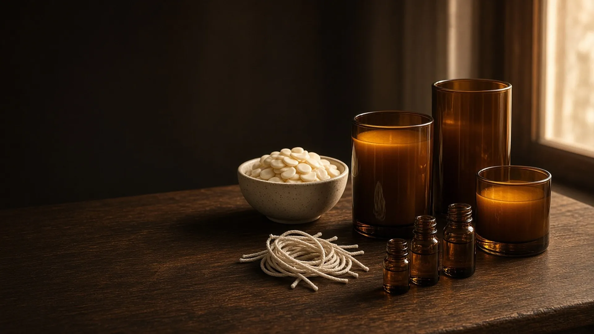 A luxurious still life on a dark walnut workbench